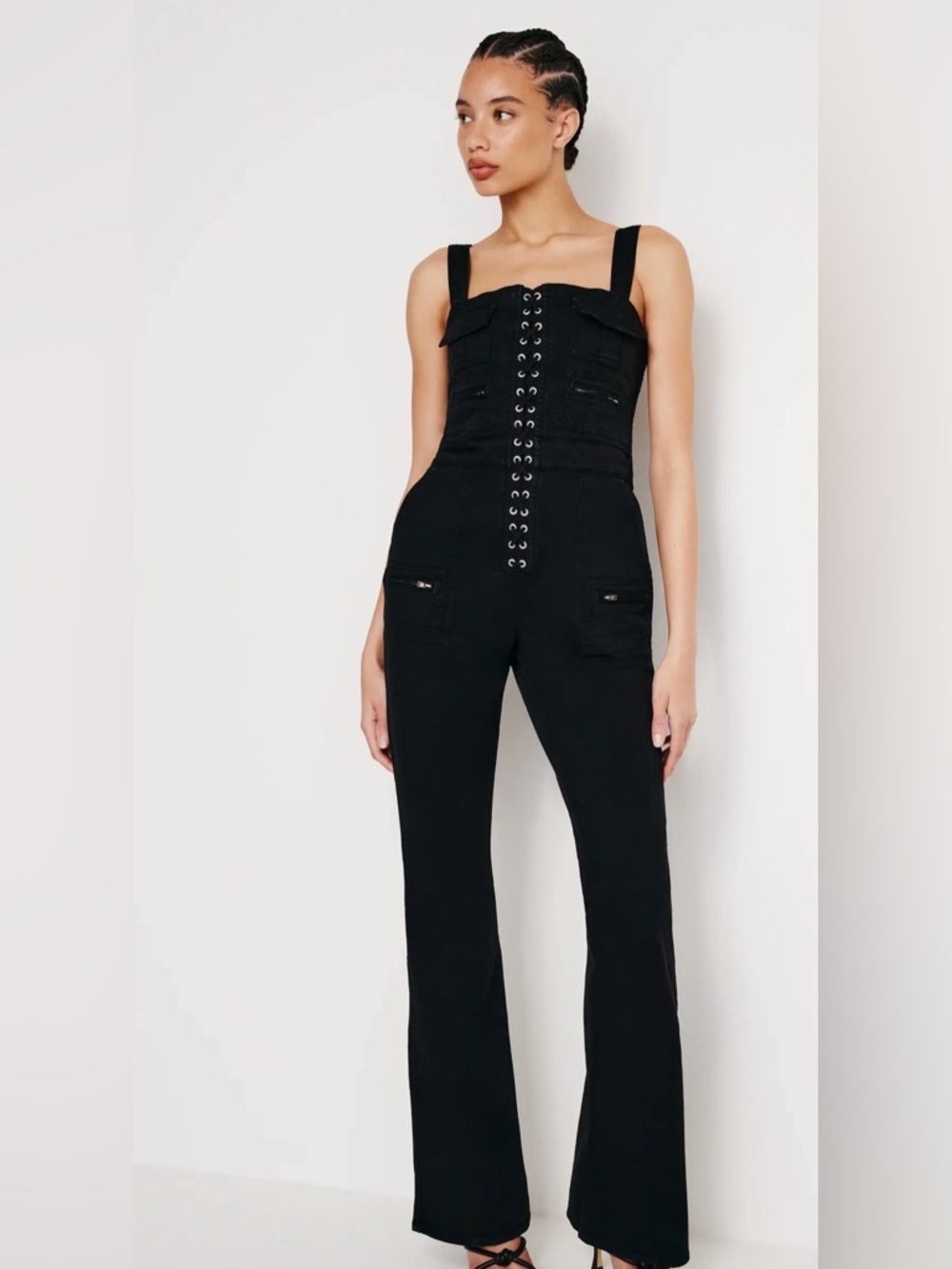 Good American Lace Up Corset Utility Jumpsuit Black Sz M NWT Flare Sold Out - Picture 10 of 12